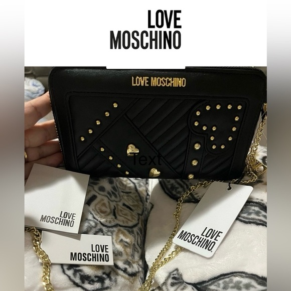 LOVE MOSCHINO Black Studded Zip-Around Clutch Wallet Crossbody, NWT - Picture 1 of 7